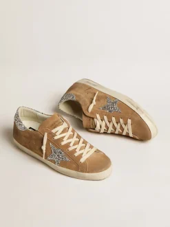 Distressed Suede Glitter Super Star in Tan