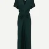 Gathered V Neck Midi Dress in Seaweed