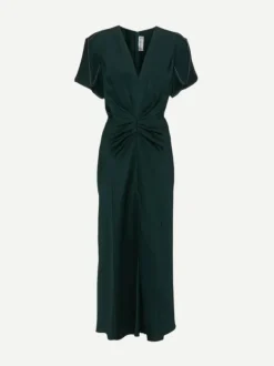 Gathered V Neck Midi Dress in Seaweed
