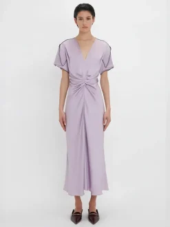 Gathered V-Neck Midi Dress In Petunia