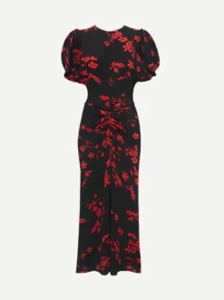 Gathered Waist Midi Dress in Floral Black