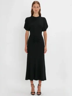 Gathered Waist Midi Dress in Black