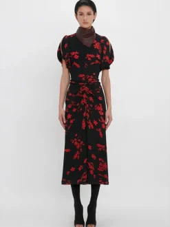 Gathered Waist Midi Dress in Floral Black