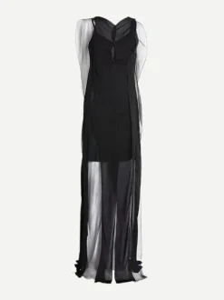 Sheer Wave Panel Floorlength Dress in Black