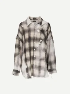 Shredded Seam Drop Neck Shirt in Bleached Grey Plaid