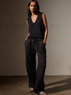 Wide Leg Linen Pant in Black